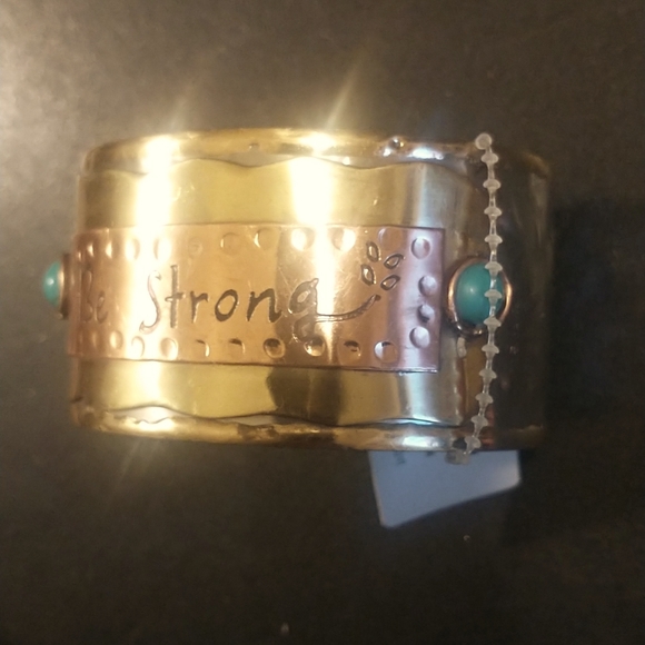 ICON Oversized Cuff Bracelet Metallic tooled metals w/ beaded accents BE STRONG! - Picture 4 of 9